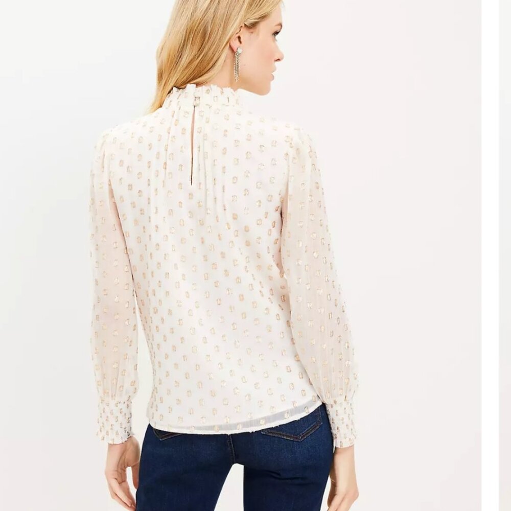 LOFT Clip Ruffle Smocked Blouse Women SZ Medium gauzy top lightweight lined Gold - Picture 3 of 15